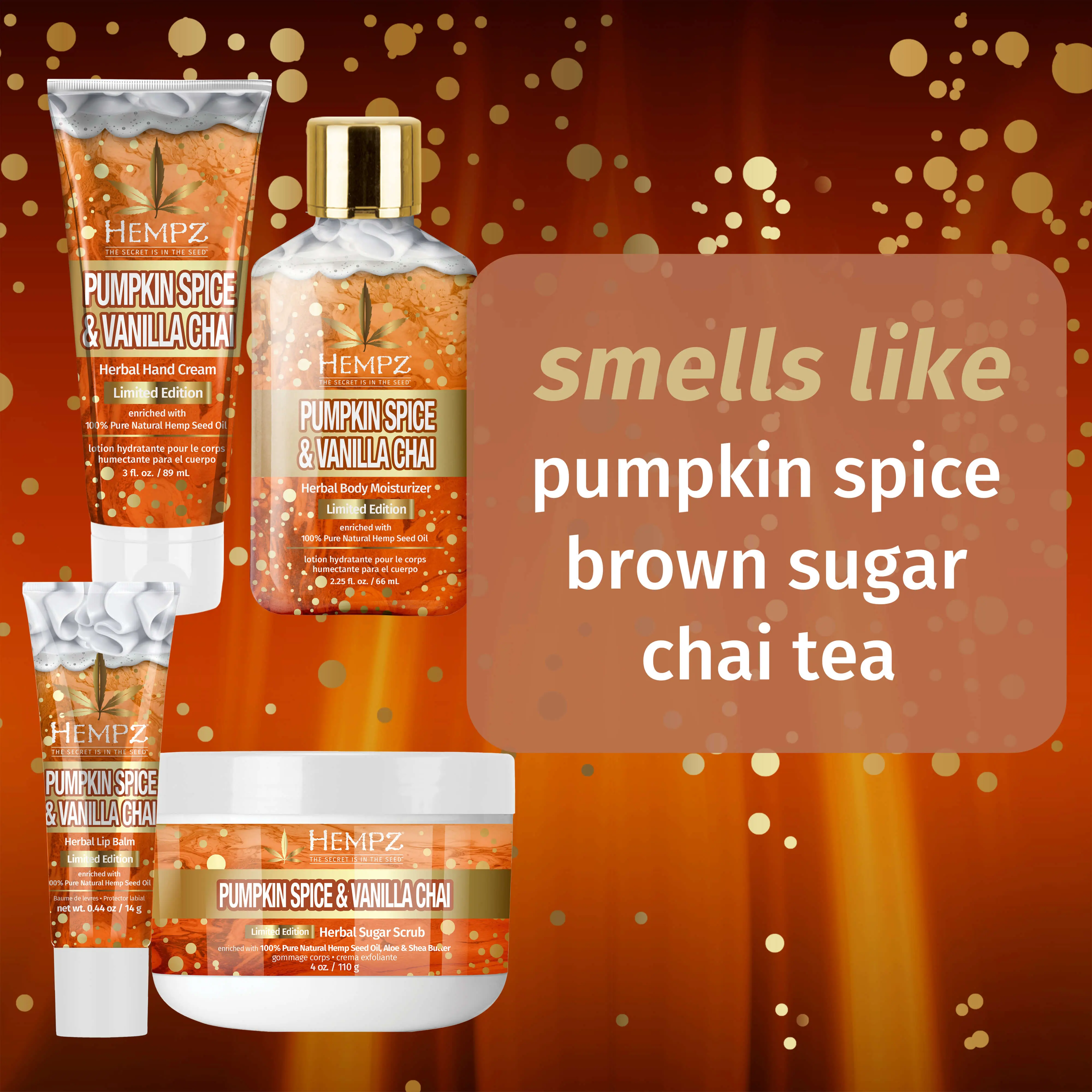 Spiced Up Pumpkin Spice & Vanilla Chai Mini Lotion, Lip Balm, Hand Cream & Sugar Scrub Set - Image 2